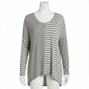 Cabi Pivot Tee Medium Grey Black Striped Mixed Print HiLow Long Sleeve Tunic Top